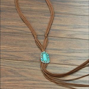 Natural Turquoise Pendant, Long Suede Necklace